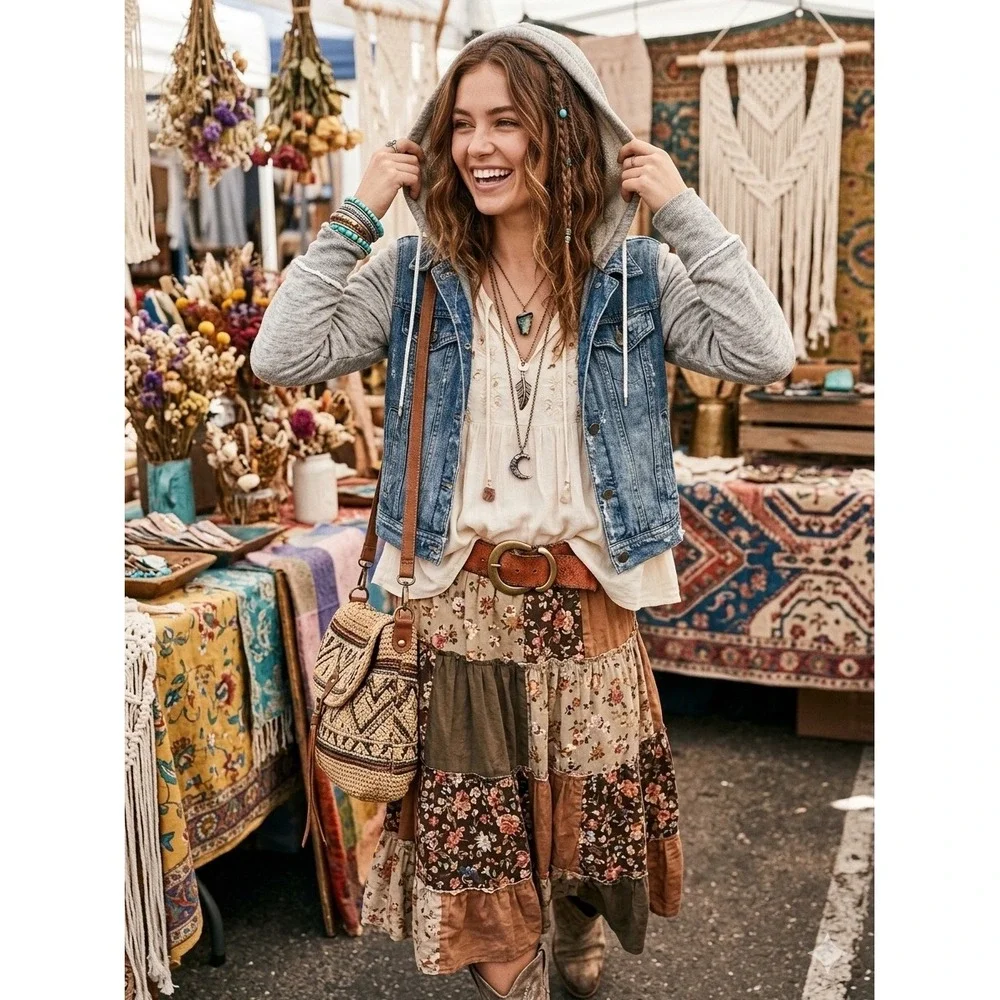 Free‎ People Mixed Media Denim Jacket Hooded Distressed Blue Grey Small - Picture 7 of 8